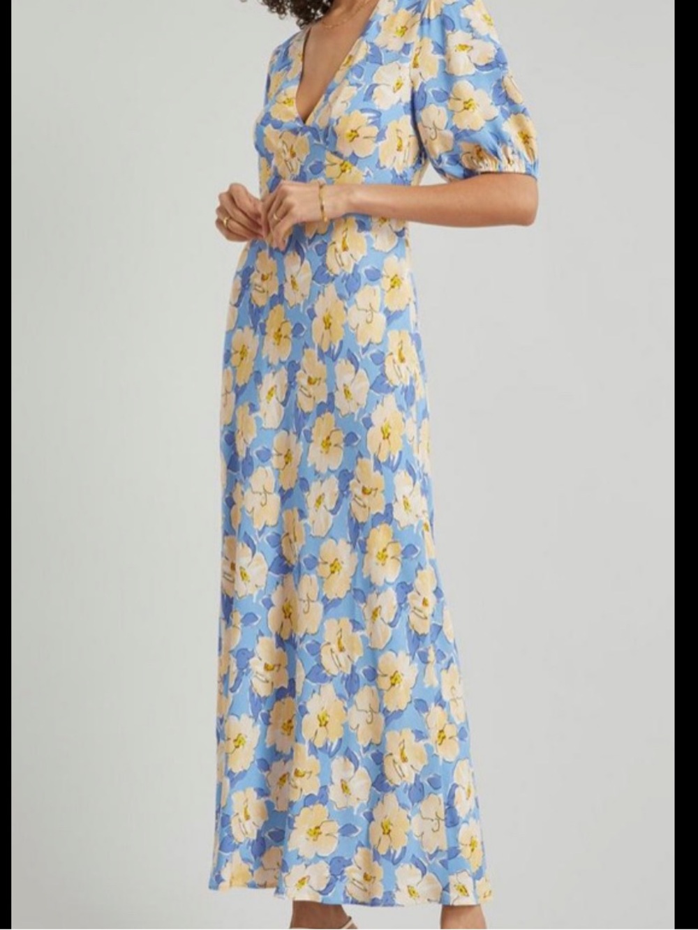 Rixo Floral V-Neck Blue & Yellow Maxi Dress